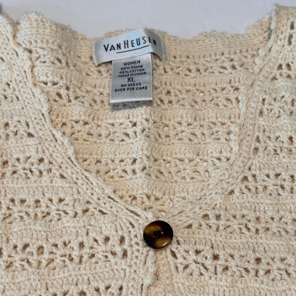 Van Heusen Cream Crochet Knit Cardigan Short Sleeve Ramie Cotton XL - Picture 3 of 7